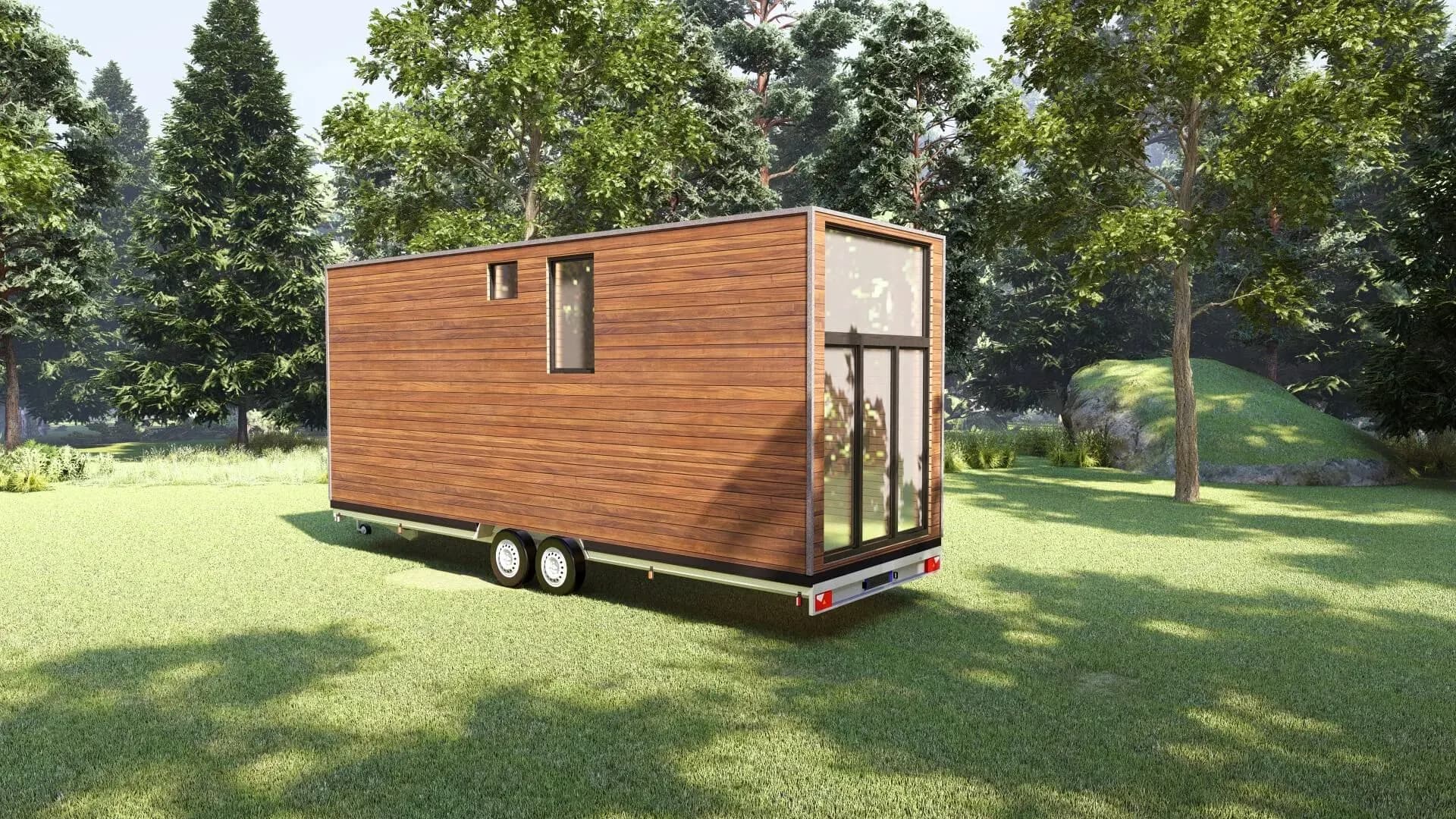 Rendu 3D : tiny house bureau de 20 m² en bois, sur remorque
