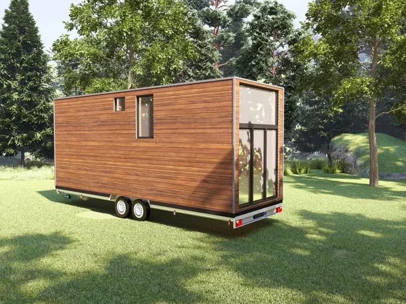 Rendu 3D : tiny house bureau de 20 m² en bois, sur remorque