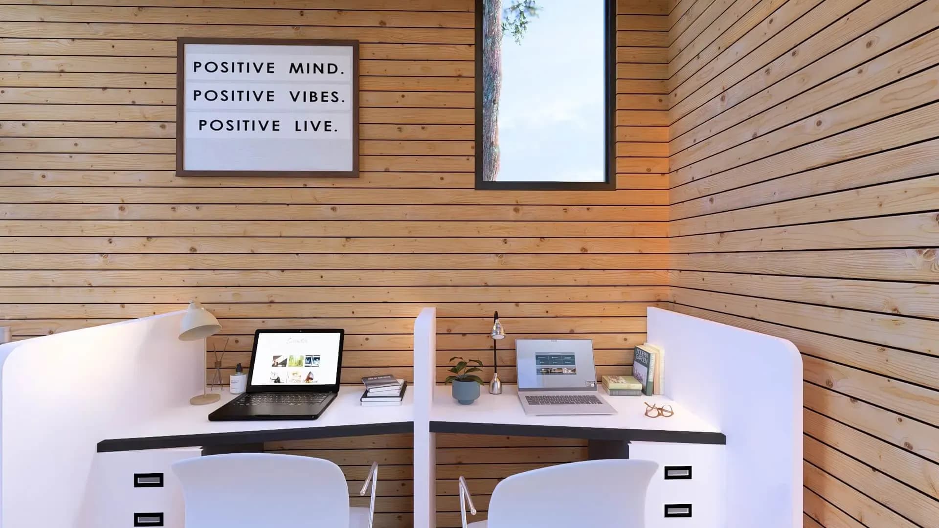 Rendu 3D : espace de travail de la tiny house bureau