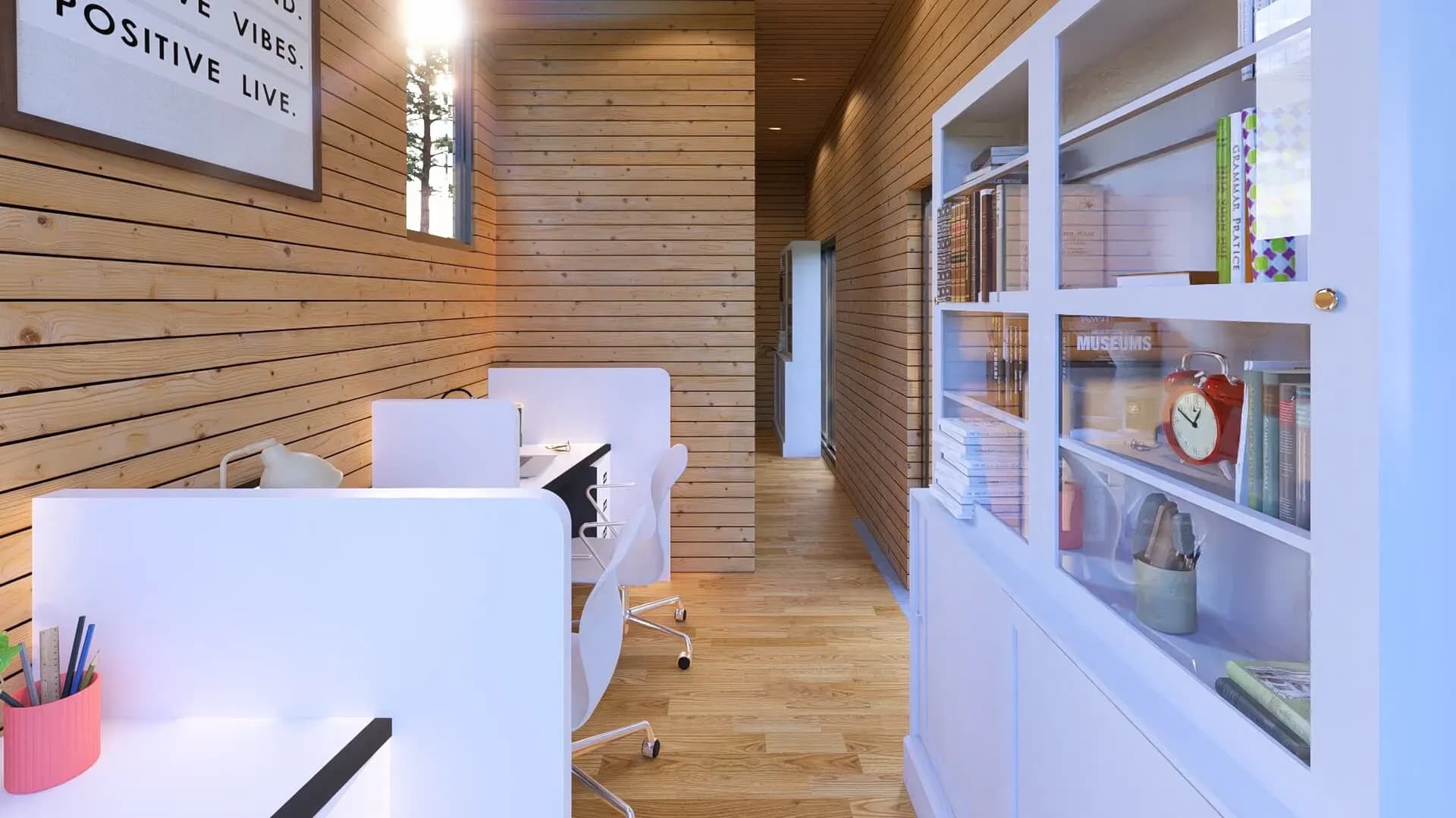 Rendu 3D : postes de travail de la tiny house bureau