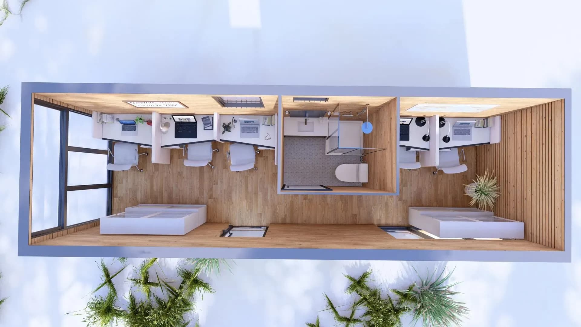 Rendu 3D : bureau lumineux avec grande baie vitrée