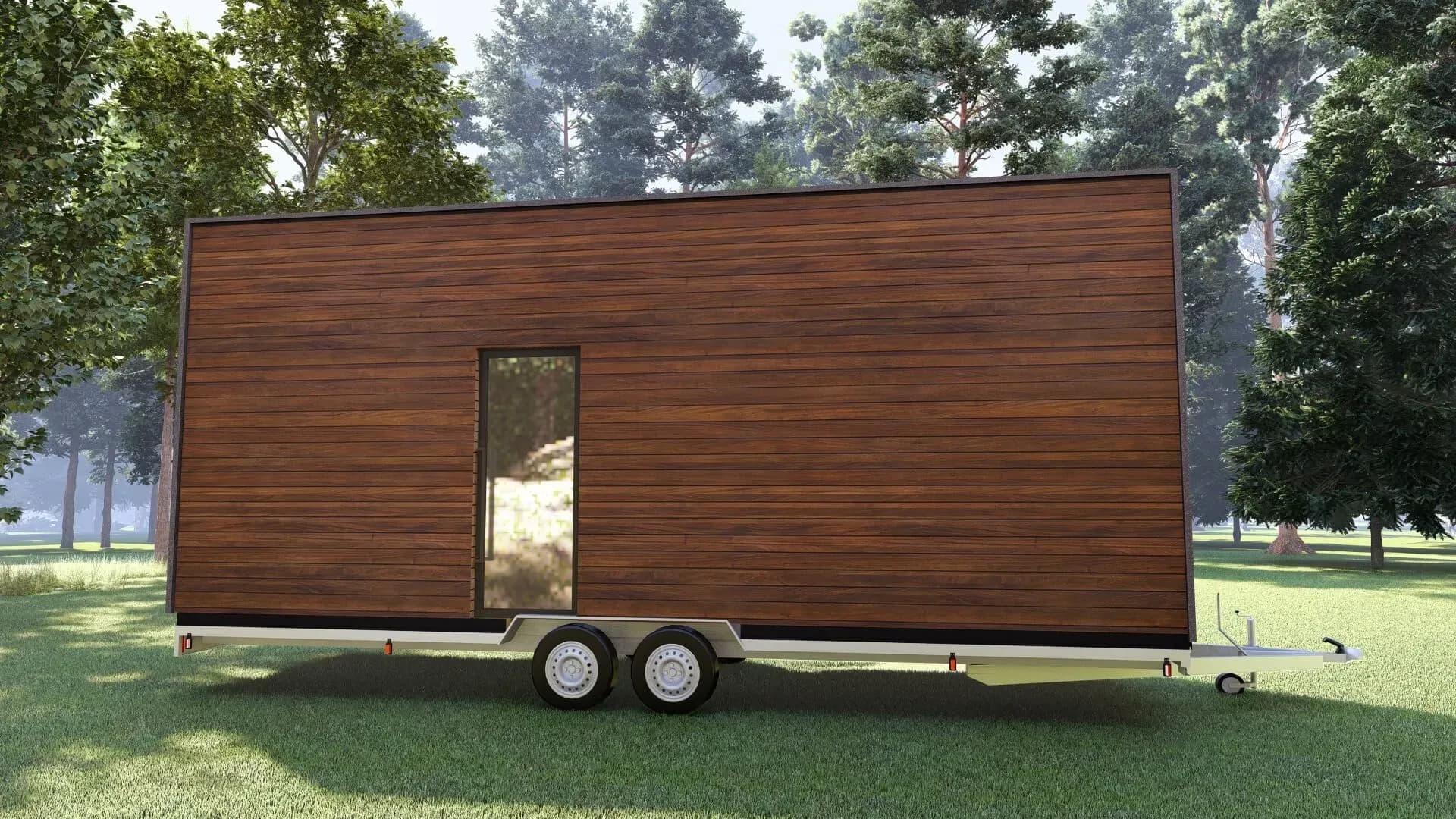 Rendu 3D : tiny house salon de coiffure de 20 m² en bois, sur remorque