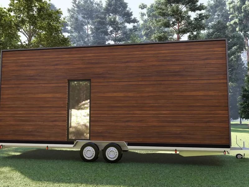 Rendu 3D : tiny house salon de coiffure de 20 m² en bois, sur remorque