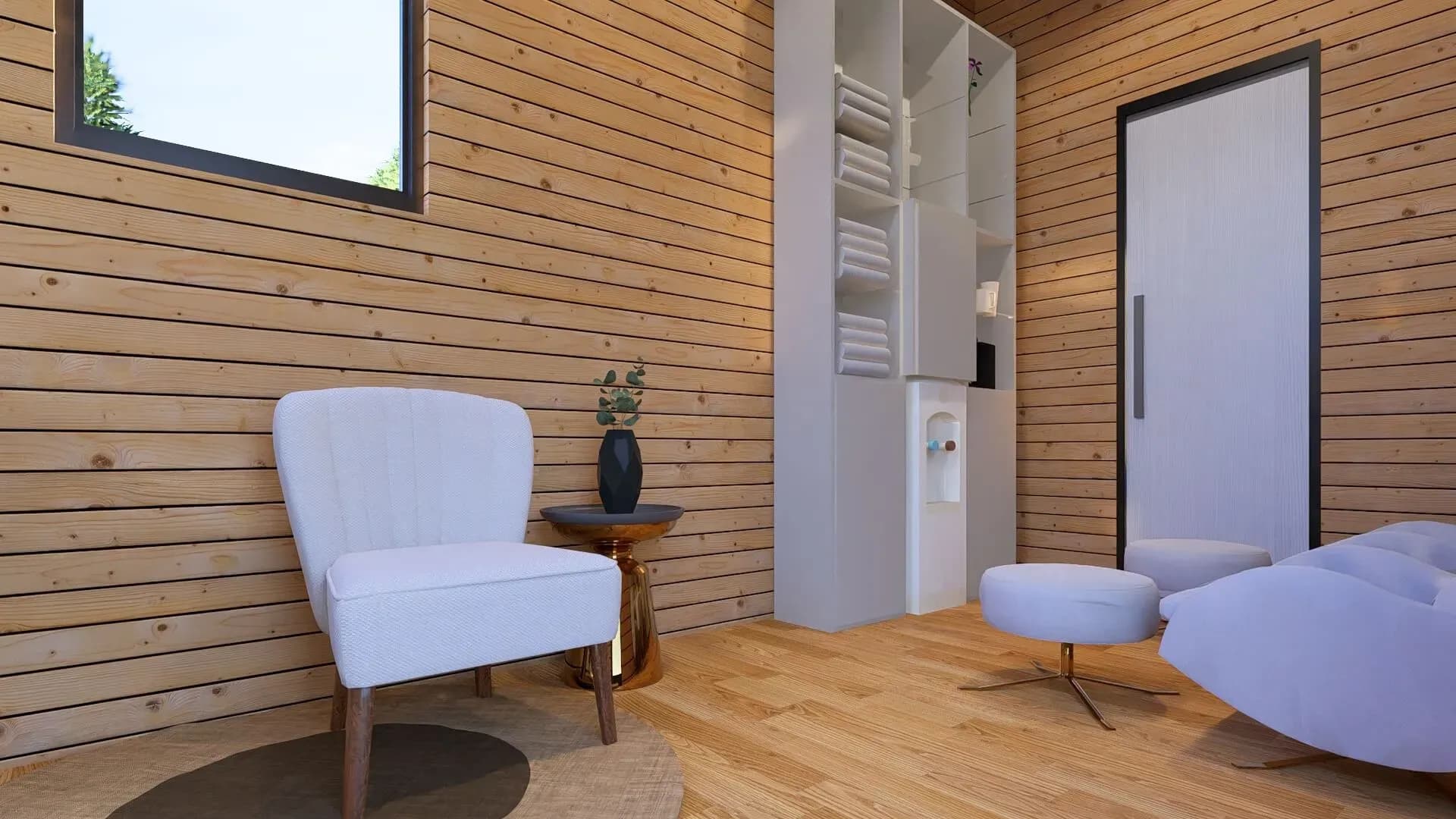 Rendu 3D : espace d’attente du salon de coiffure