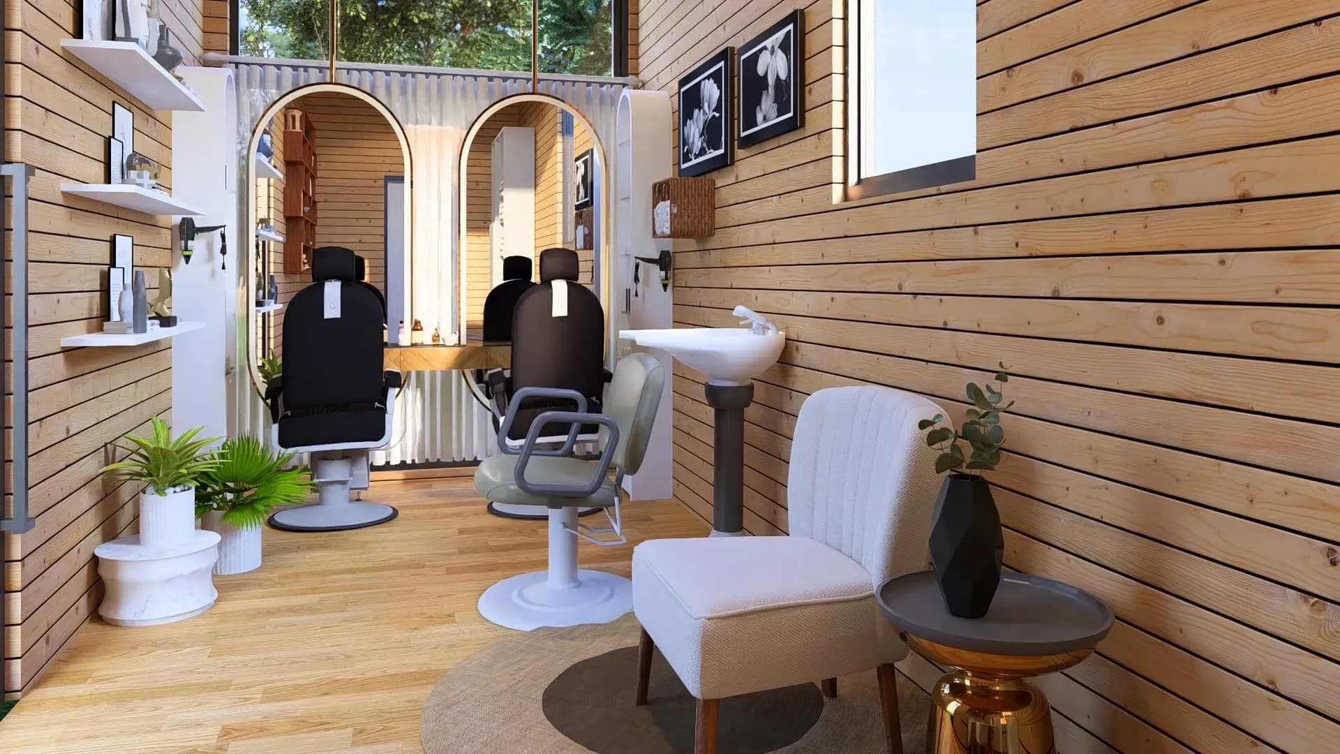 Rendu 3D : intérieur du salon de coiffure, vue en coupe