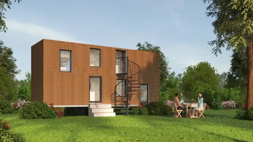 Rendu 3D : tiny house dortoir de 40 m² avec escalier extérieur