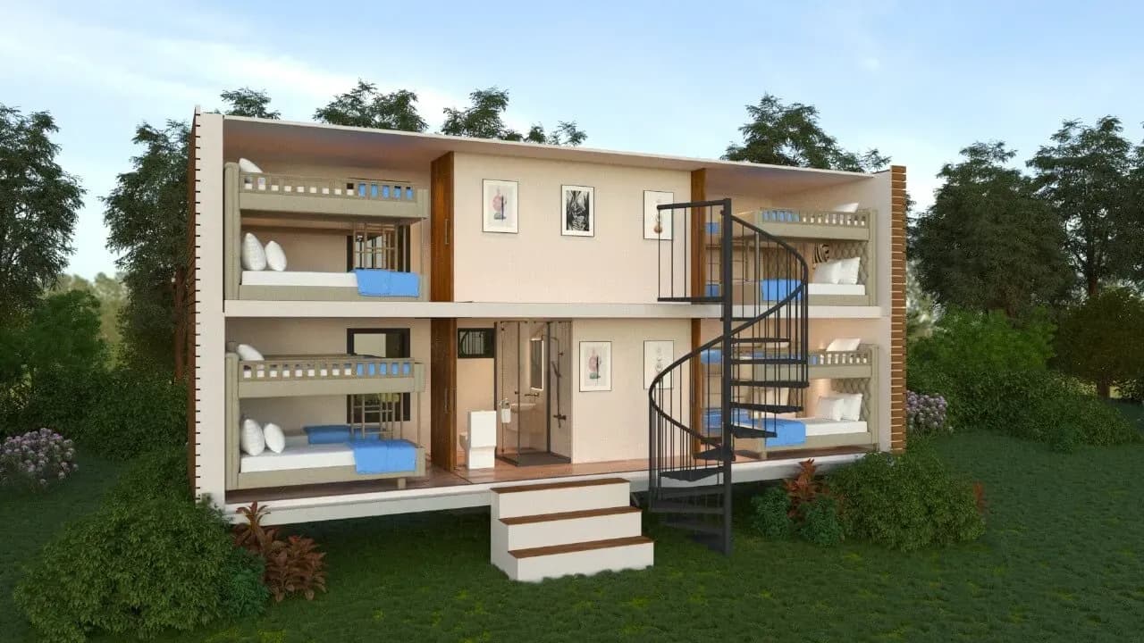 Rendu 3D : dortoir de 16 couchages, vue en coupe