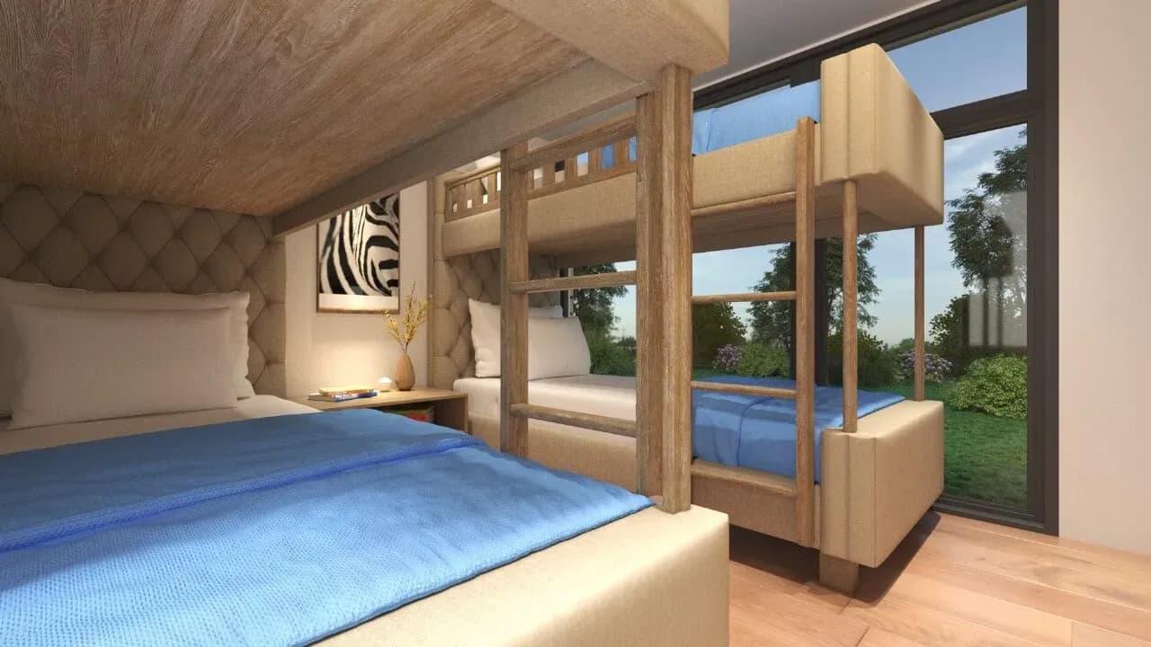 Rendu 3D : chambre du dortoir avec lits superposés