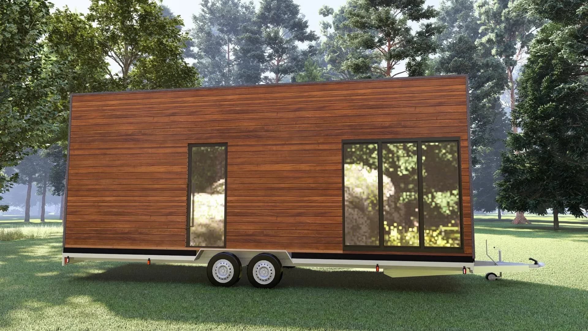 Rendu 3D : tiny house dédiée au bien-être et aux massages, sur remorque