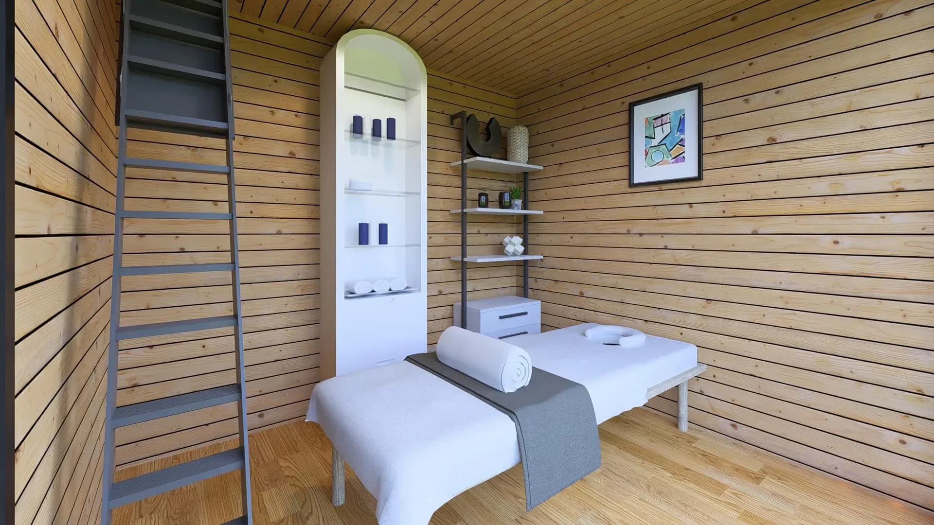 Rendu 3D : espace de soin de la tiny house massage