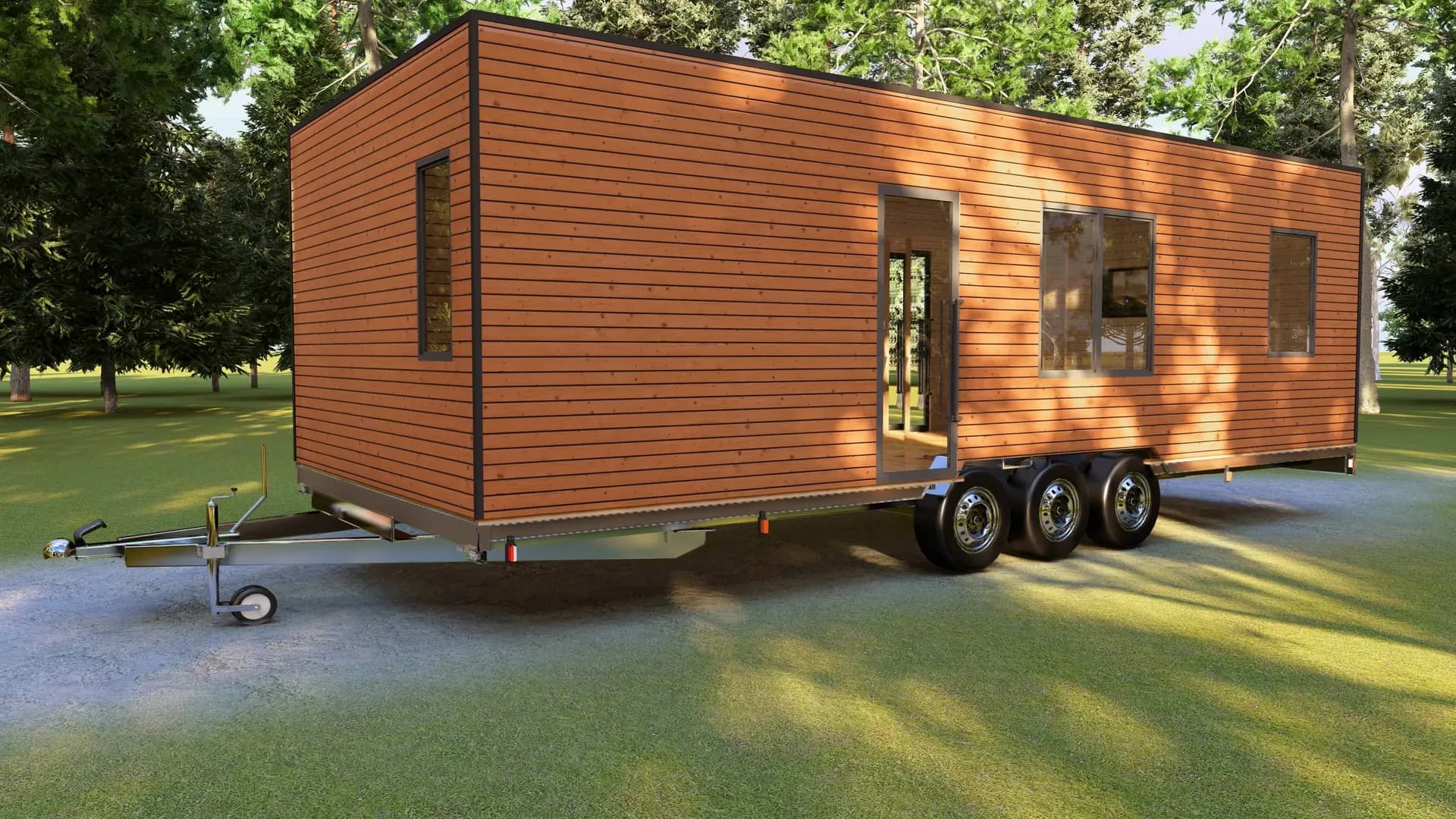 Rendu 3D : mobile home sur sa remorque, vue latérale