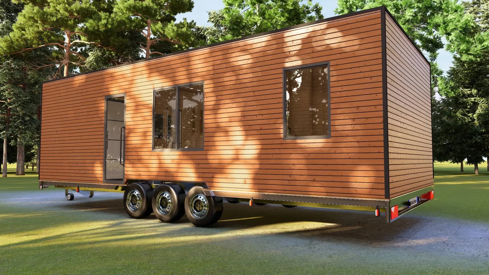 Rendu 3D : mobile home, vue arrière trois quarts