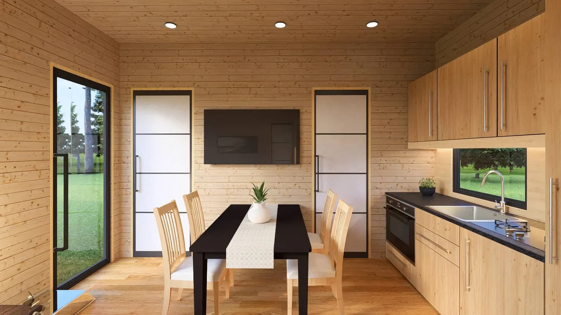 Rendu 3D : séjour et coin repas du mobile home