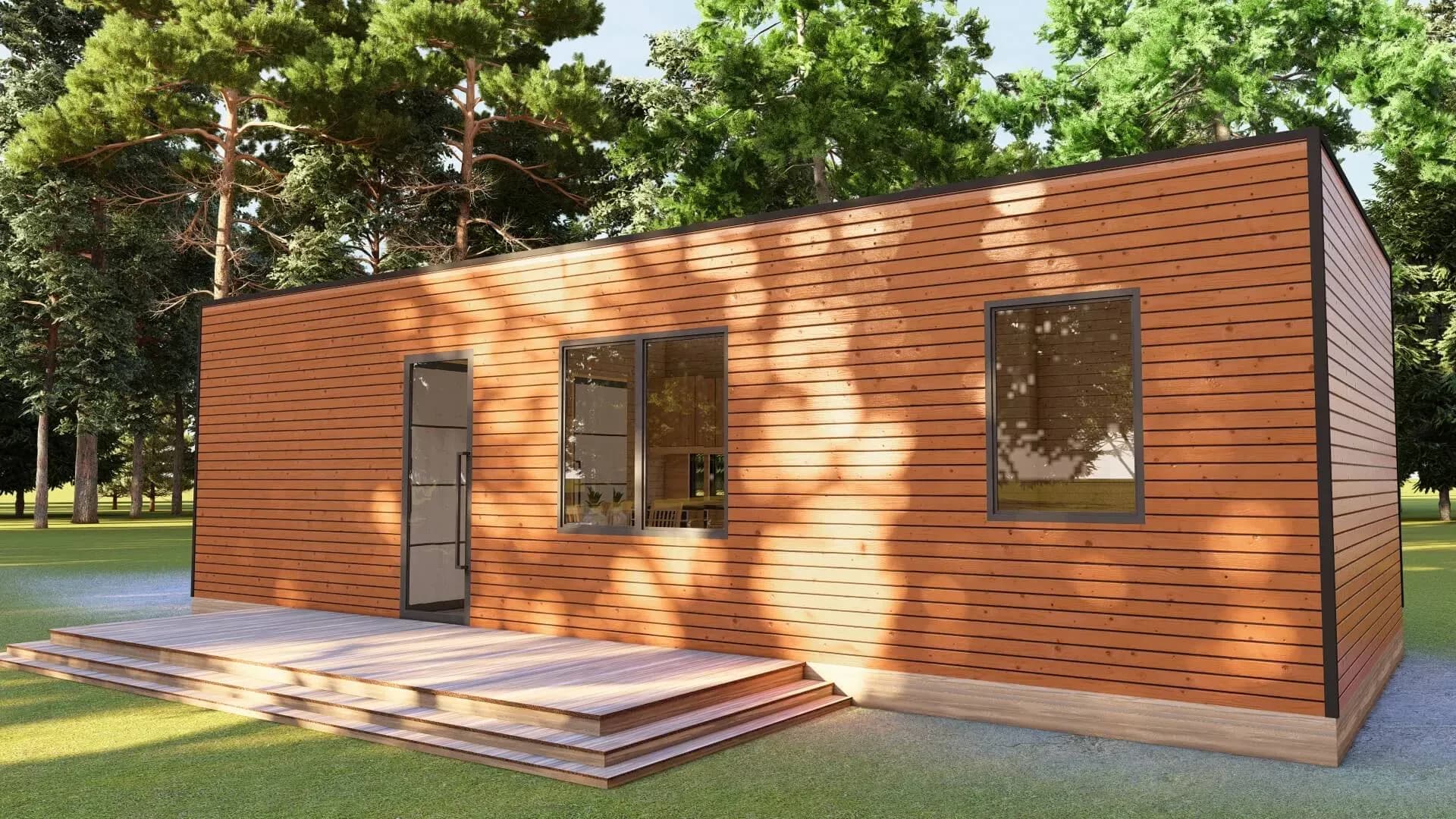 Rendu 3D : mobile home de 35 m² en bois avec terrasse