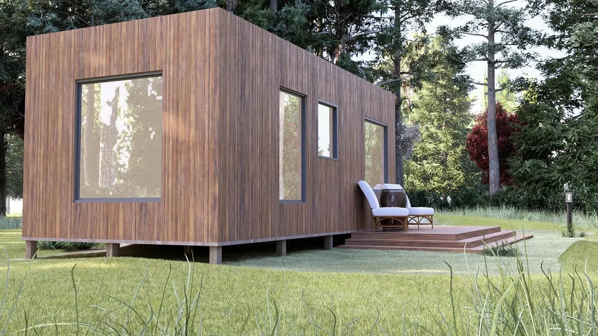 Rendu 3D : studio de jardin de 20 m² en bois, terrasse et jardin