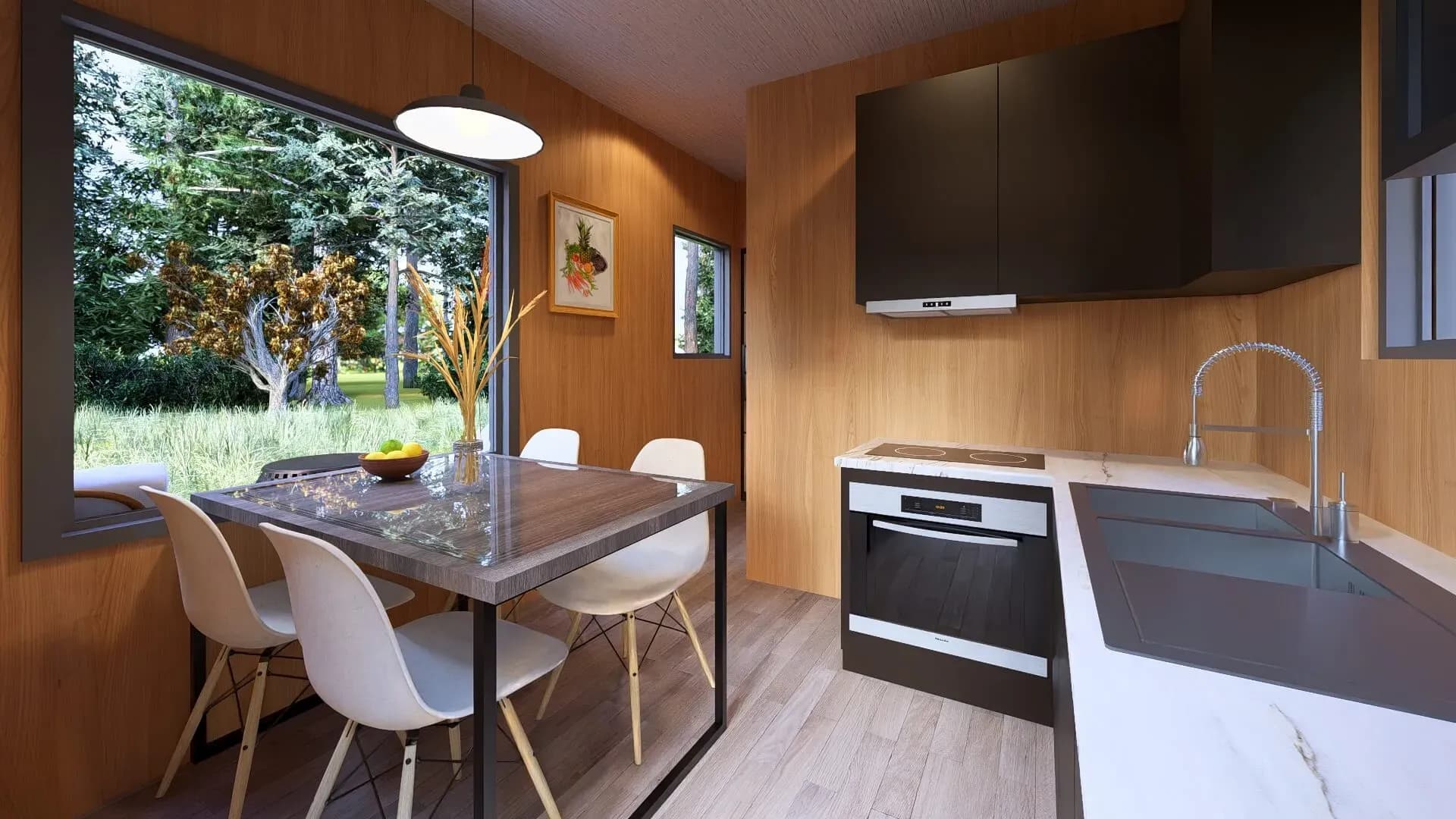 Rendu 3D : cuisine et coin repas du studio de jardin