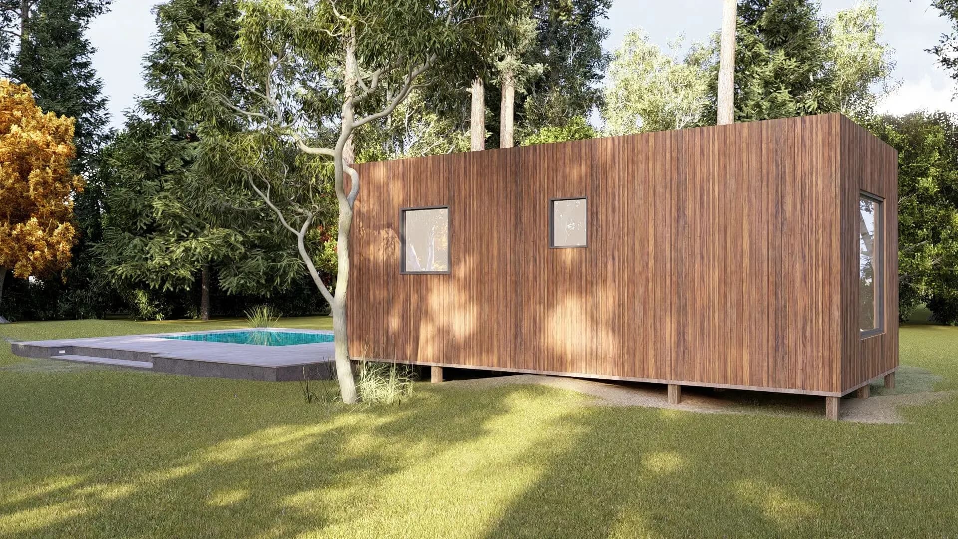 Rendu 3D : studio de jardin, façade en bois et terrasse