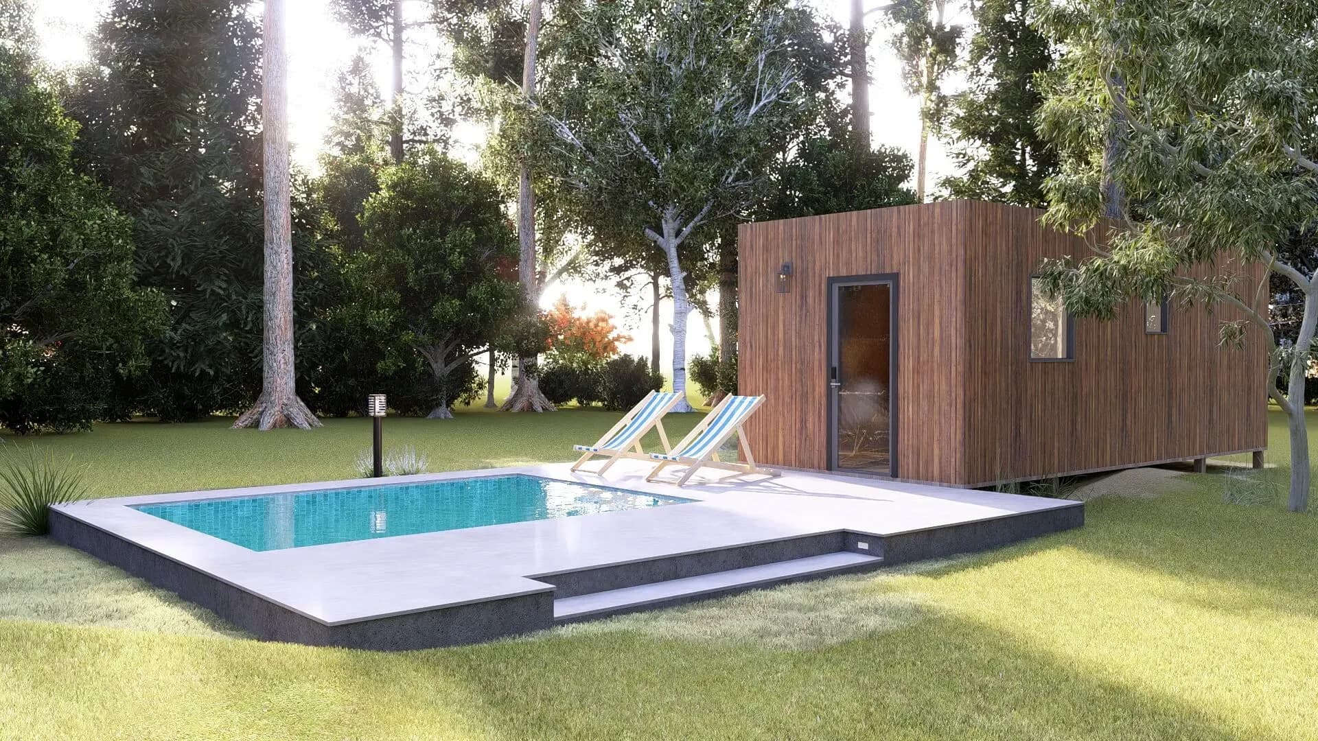Rendu 3D : studio de jardin au bord d’une piscine