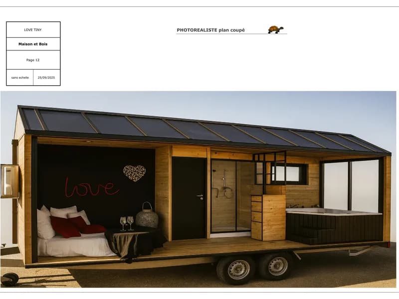 Rendu 3D : Lovewood, tiny house de 15 m² avec espace détente