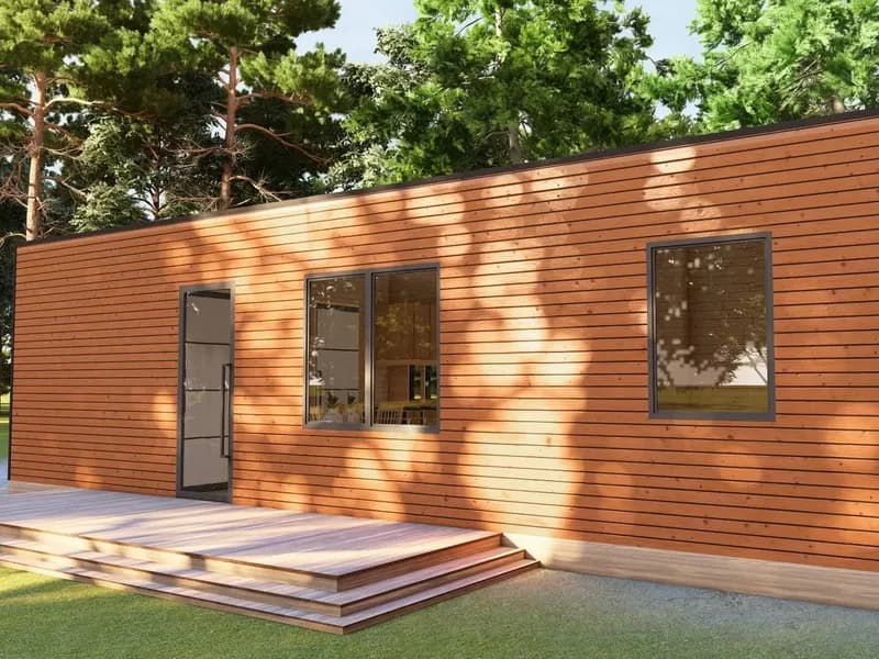 Rendu 3D : mobile home de 35 m² en bois avec terrasse