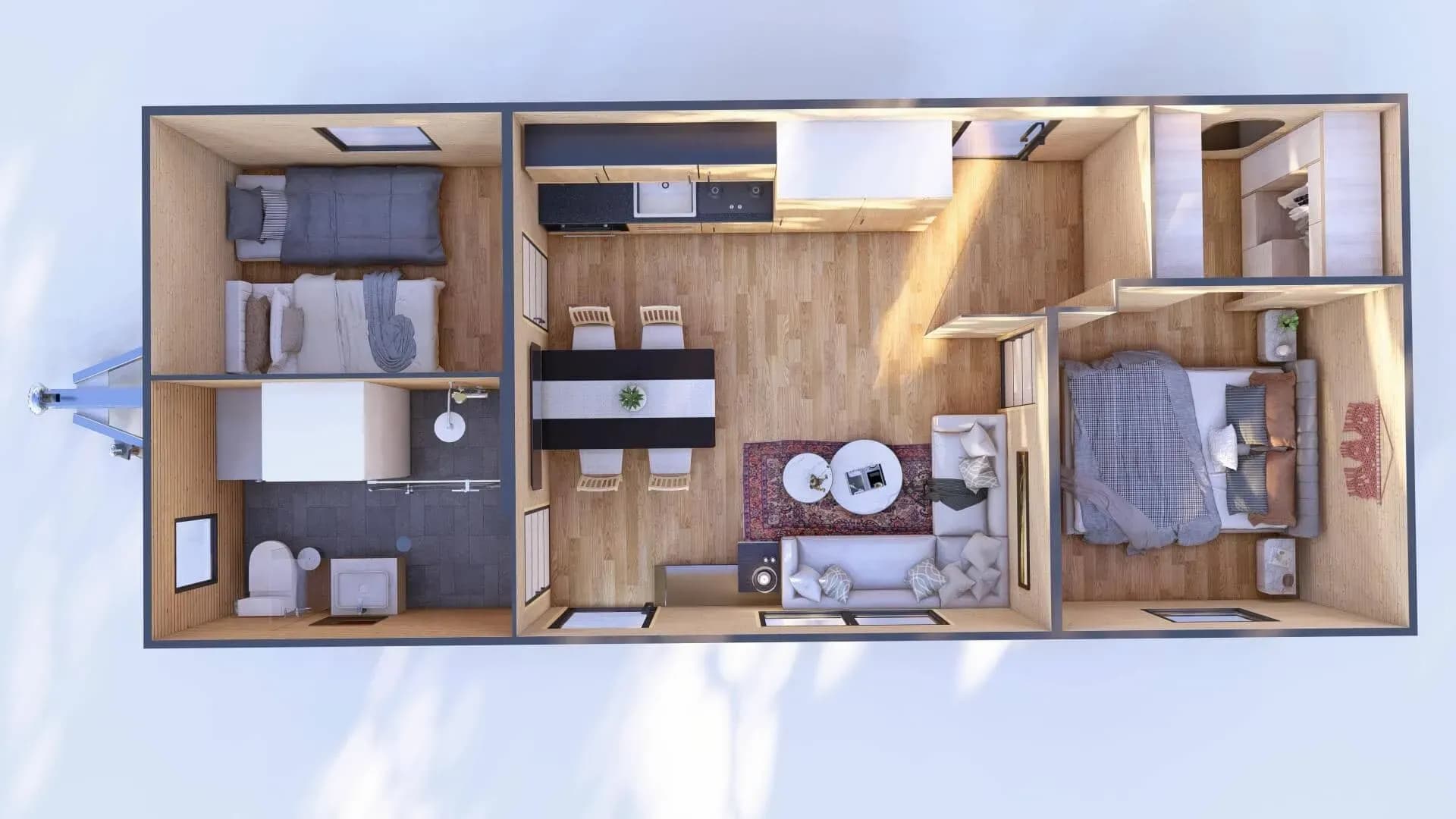 Vue du dessus des aménagements du mobile home