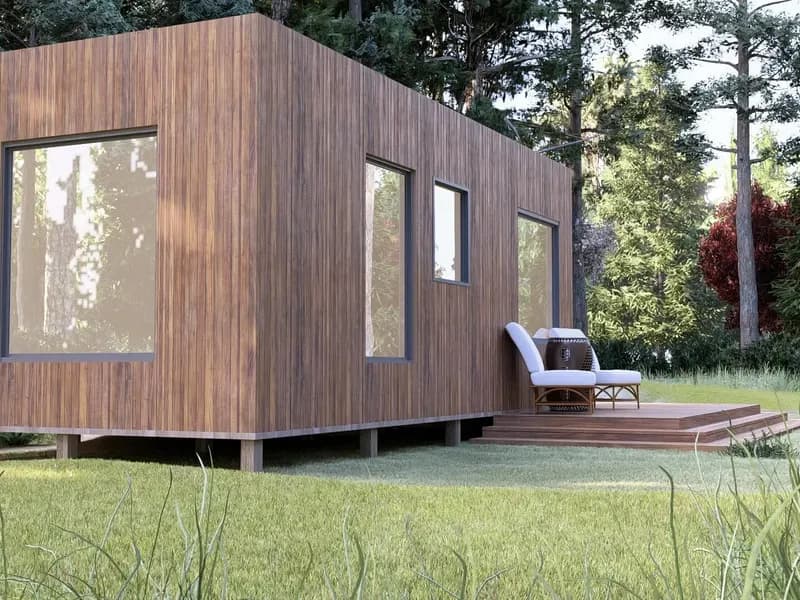 Rendu 3D : studio de jardin de 20 m² en bois, terrasse et jardin